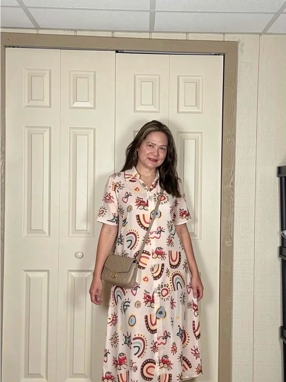 Cream Midi Button-Front Dress with Colorful Rainbow Motif